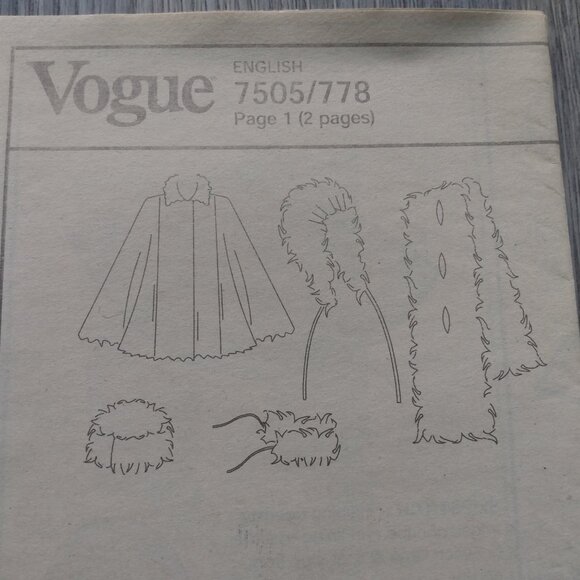 Vintage Vogue Winter Hat Sewing Pattern Collar, Stole, Capelet, Cape UNCUT 7505 - Picture 8 of 10